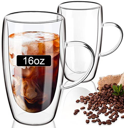 PARACITY Set di 2 tazze da caffè in vetro borosilicato trasparente, a doppia parete, con manico, perfette per cappuccino, latte, espresso, bevande calde e tè