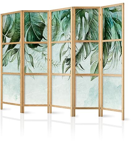 murando - Paravent Raumteiler Holz Blätter, 225x172 cm, 5-teilig, modern | Mobiler Sichtschutz, sofort einsatzbereit, Holzrahmen, ideal fürs Wohnzimmer oder Büro, geruchsneutral, lichtbeständig