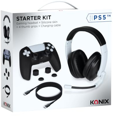 Konix Mythics Paquete Inicial de Accesorios Gaming PS5 - Casco con Cable - Funda de protección Mando DualSense - Apoyo Pulgar - Cable de Carga