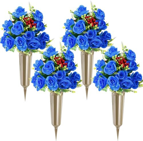 Tigeen 4 juegos de flores artificiales para cementerio, 96 cabezas, ramo de rosas artificiales, decoración de cementerio con 4 jarrones de cementerio para tumbas funerarias para lápida al aire libre