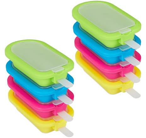 Relaxdays Juego Set 8 Moldes para Helados, Silicona, Recipientes para Polos, sin BPA, con Palito, Verde, Azul, Rosa y Amarillo, 2,5 x 6,5 x 14 cm