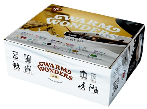 WarmWonders Gold - 10 Mugs Hot Drink Set - Coffee and Tea Gift Basket - Includes Assortment of Gold Coffee, Tea Bags, Biscuits, Semi Milk Sticks and More - Airport Security Approved Gift Basket