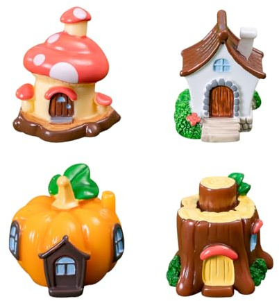 Koonafy 4 PCS Mini Miniature Fairy Houses, Little House Figurine, Fairy Garden Cottage Micro Landscape Ornaments Accessories for Bonsai, Succulent Planting, Flower Pot (4pcs)
