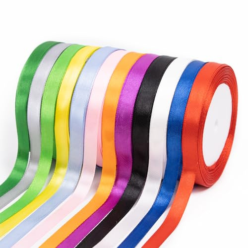 Fyshird Satinband 12 Farben Geschenkband 10mm x 22m Schleifenband Bunt Polyester Bänder zum Basteln Dekoband für Hochzeit Deko Geschenkverpackung Geburtstag DIY(Bunt)