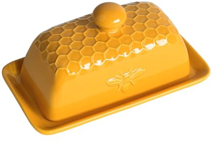 Bicuzat Ceramic Butter Dish with Lid Butter Keeper Butter Plate Tray for Kitchen Countertop Honeycomb and Bee Pattern Butter Crock Keeper Saver