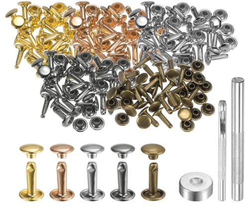 QUARKZMAN 100 Ensembles de Rivets en Cuir 8mm x 12mm en Métal avec Double Capuchon, Attaches Pression et 3 Outils de Pose pour la Décoration et la Création en Cuir, Couleurs Multiples