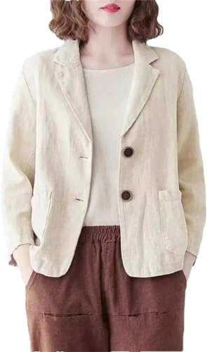Blazer en Coton et Lin pour Femmes Printemps et été Veste décontractée à Revers Unicolore à Manches Longues Veste Fine à Boucle (Beige,L)