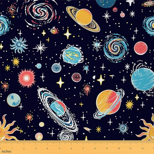Galaxie Universum Stoff für Kinder,Bunte Planeten Polsterung Stoff,Glitter Sternenhimmel Sterne Dekorative Stoff,Kosmischer Nebel Innen Außenbereich Stoff,Blau Golden,92x150 (HxB)
