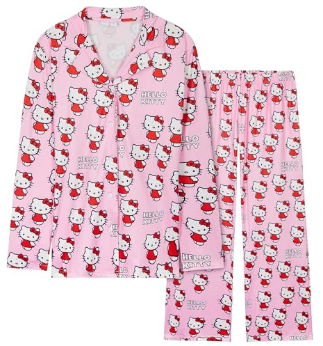 Hello Kitty pyjamas för kvinnor tonåringar lång klassisk button down-pyjamas mjuka andningsbara kawaii-nattkläder myskläder bekväma jamies nattkläder anime gåvor, Rosa, L
