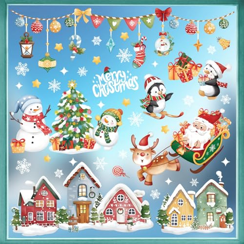 wondever Fensterbilder Weihnachten Häuser Weihnachtsbaum Weihnachtsdeko | Wiederverwendbar, Doppelseitig Statisch PVC Fensterdeko, Fensterfolie weihnachten selbstklebend für Winter Innen Dekoration