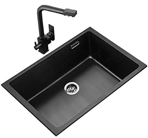 XUTNZA Lavello da Cucina, lavabo Profondo a Vasca Singola, con lavello al Quarzo a Tre rubinetti, Installazione con Montaggio a incasso/Nero/57,5X45,5 cm