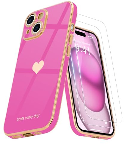 Teageo Cover Compatibile con iPhone 15 Plus - Motivo a Cuore in Morbido TPU Galvanizzato con 2 Pellicole Protettive, Protezione per Fotocamera, Antigraffio - Rosa