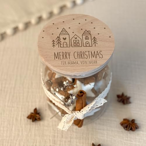 hellomini Personalisiertes Vorratsglas mit Holzdeckel, Keksdose mit Gravur, Geschenk zu Weihnachten, Keksglas mit Buchenholz Deckel, Zwei Größen (Häuschen Gravur, 750ml)