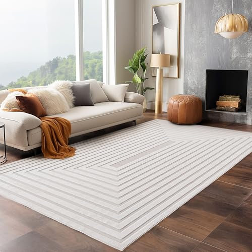 Carpettex Indoor Outdoor Teppich wetterfest 280x370 cm, 3D Optik, Bordüre Design, waschbar, wetterbeständiges, Natur Creme Farbe, Teppich Wohnzimmer, Terrasse, großer Teppich