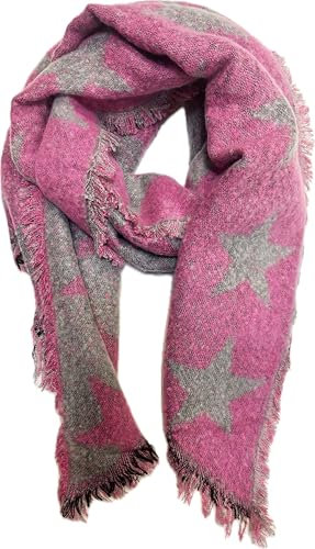 Jeamis XXL Stern Wendeschal Warmer Winter Wolle Schal Stola Tuch Übergangsschal Wolle mit Fransen Unisex Star (Pink)