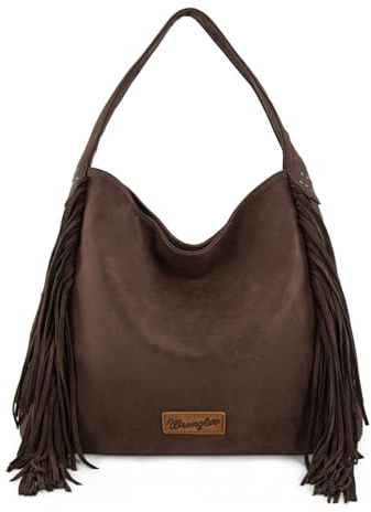 Wrangler Fringe Suede Hobo Bag for Women Leather Western Fringe Purse Tassel Hippie Shoulder Bag, Coffee, 16 x 4.5 x 11.5