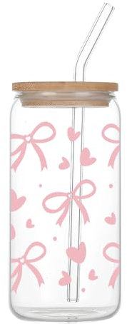 Onperpoe Bicchiere con fiocco rosa con coperchio e cannuccia, estetico, a forma di lattina, tazza da caffè, bicchiere da cocktail, piccoli regali per donne, ragazze, amici (500 ml)