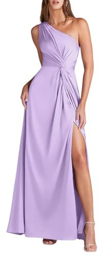 KURFACE Vestido de satén para mujer, con abertura, plisado, con un hombro, vestido de dama de honor, vestido formal de noche, Lila, 44