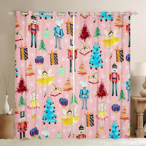 Christmas Nutcracker Curtains for Bedroom Living Room W52*L90 Ballet Nutcracker Blackout Curtains Soldier Prince Mouse Fairy 30%-50% Darkening Blackout Curtain Pink Window Treatments