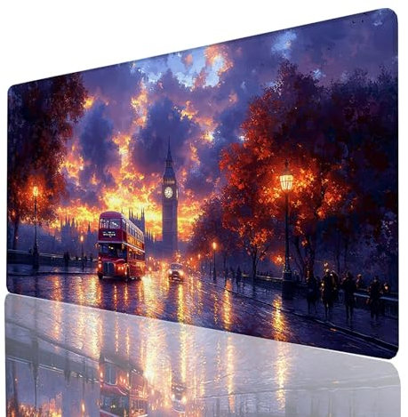 Tapis de Souris xxl 1400x600x3mm, Grand Tapis Bureau Noir, Bords Cousus Antidérapant et Imperméable, Londres Mouse Pad Compatible Clavier Sans fil et Souris Sans Fil, Bureau Gaming Accessoire GYL-5350