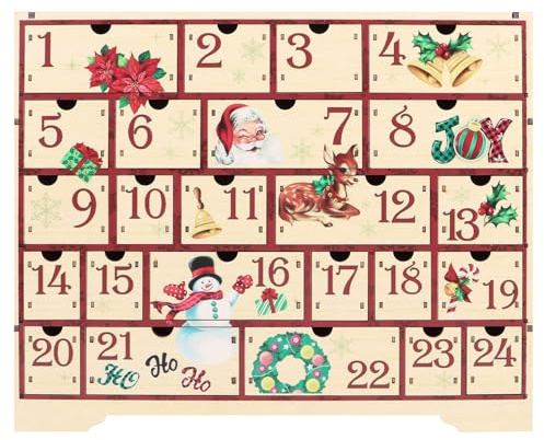 CCINEE Christmas Wooden Advent Calendar with 24 Storage Drawers,Countdown to Xmas Decoration 2025 Hand Painted Refillable Advent for Holiday Decoration
