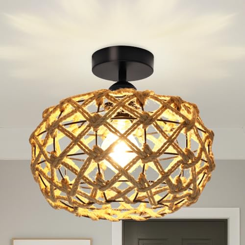 YESINTO Lampara Techo Ratan,Pantalla Marrón,Vintage Bohemio Mimbre Lamparas de Techo,Industrialización Lámpara Colgante Para Salon,Cocina,Habitacion,Comedor,Lampara Colgante isla Cocina,Ø30cm