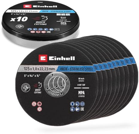 Original Einhell Disques à tronçonner pour le métal, 10 pièces, Ø 125 mm en boîte (tronçonnage rapide, travail du métal, coupe légère, certifiés MPA, indépendants de la marque)
