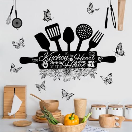 WandSticker4U®- Stickers muraux cuisine citation CŒUR de la MAISON noir (54x37 cm) I Autocollant mural cuisine fleurs papillons ustensiles café plaque I Déco murale salle à manger armoire frigo