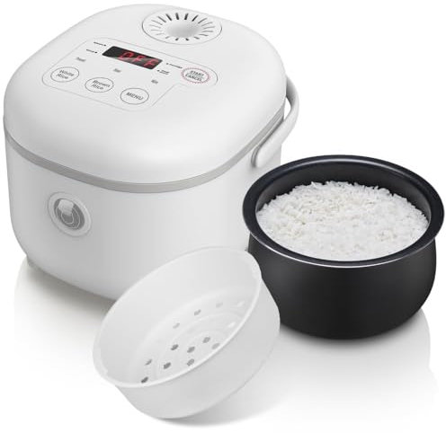Cuociriso 4 tazze (non cotte) con Vaporiera,Rice Cooker Mini Multifunzionale da 350W, 6 Funzioni di Cottura del Riso per 2-4 Persone,Bianco
