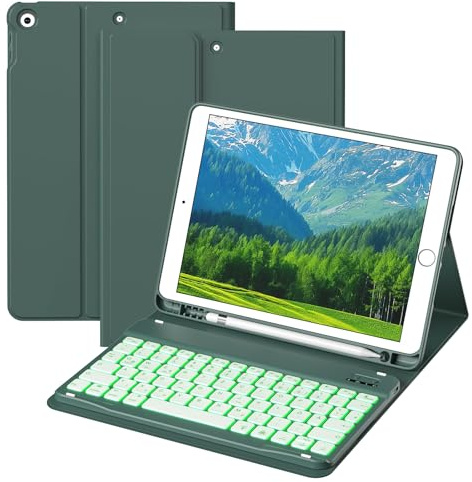 HMTDIYOU Tastatur mit Hülle für iPad 9/8/7 Generation 10,2 Zoll, Grün | QWERTZ-Tastatur mit 7-farbiger Hintergrundbeleuchtung für iPad 9.8.7. Gen 2021 2020 2019, Schutzhülle mit Stifthalter