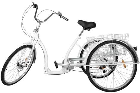 AOAPUMM 26 Zoll 6 Gang 3 Räder Adult Fahrrad, erwachsenendreirad Mit Einkaufskorb, Dreirad für Erwachsene, Gang höhenverstellbar Cruiser (Weiß)