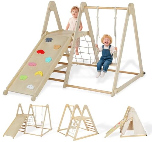 LEADZM 7 en 1 Ensemble d'escalade Pliable avec Balançoire Réglable et Aire de Jeux de la Base Secrète, Gymnase en Bois pour Tout-Petits Bébé avec Filet, Échelle et Roches Colorées