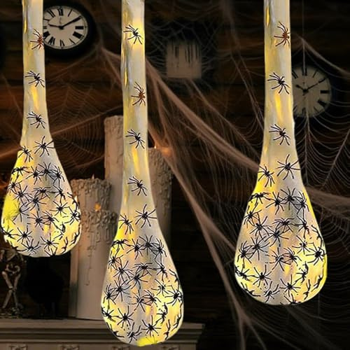 Afenau Spinnen Halloween Deko, 3 Stück Hängende Spinnen Eier Dekoration mit LED Lichtern, 80cm Halloween Deko Spinnen, Spinnennetz Deko für Garten Rasen Baum Indoor Outdoor