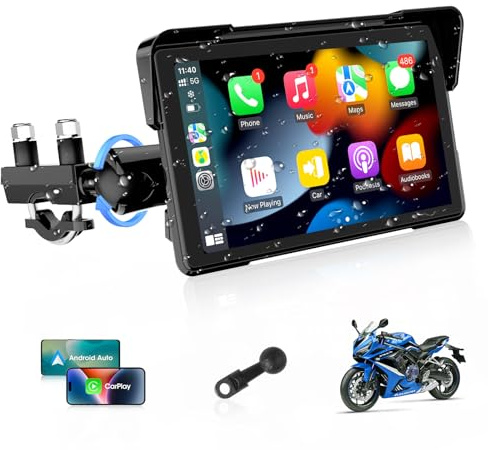 Vtopek Plus Grand écran Carplay pour Moto 7 Pouces Carplay sans Fil Carplay Moto Android Auto Écran Tactile HD étanche Apple CarPlay Navigation GPS Double Bluetooth Siri Contrôle Vocal Carte 64 Go