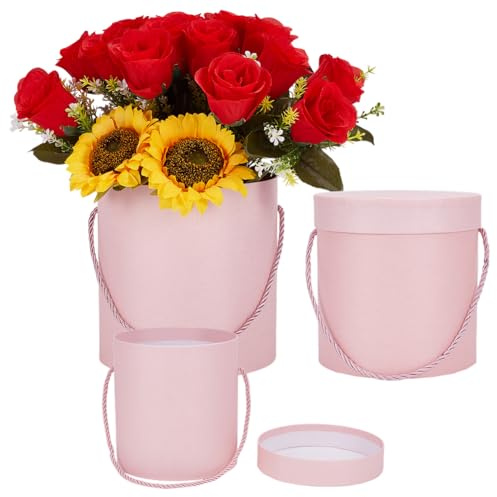 BENECREAT 3 boîte Cadeau Ronde Rose Boîtes à Chapeaux pour Bouquets de Fleurs avec Couvercles pour Compositions Florales Demoiselle D'Honneur Proposition Mariage Anniversaire Fête