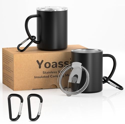 Yoassi Edelstahl Camping Becher, 2er Set Thermotasse mit Deckel und Karabiner, doppelwandige Isolierbecher, Kaffeebecher Kaffeetasse Trinkbecher 300 ml BPA frei für Outdoor und Camping, Schwarz