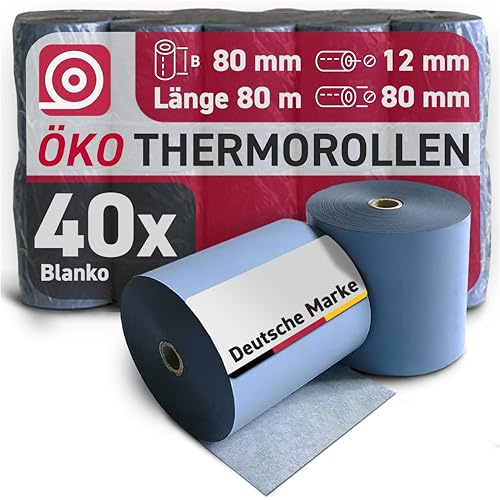 GEBONGT24 Blue4est® Öko Thermorolle 80 mm x 80 m x 12 mm - umweltfreundliches Thermopapier 52g/m² - 40 Kassenrollen mit ca. 80 mm Rollendurchmesser – Ökobon für EC-Cash und Kassenbondrucker