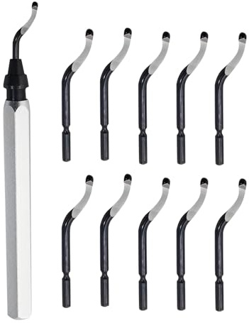 11 Pcs Deburring Tool Set, Metal Hand Deburrer with 10 BS1010 HSS Blades | 360° Rotary Deburring Tool with non-slip handle & Quick-change blade for Metal, Resin, PVC, Copper, Wood, 3D Prints