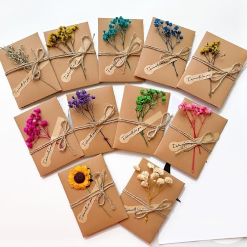 JYNXOR 10 Pcs Cartes De Voeux Rétro Avec Fleurs Séchées, Enveloppe Cadeau, Enveloppe Anniversaire, Cartes Vierges En Papier Kraft Faites à La Main, Carte Mariage Remerciement, Carte Postale Vintage