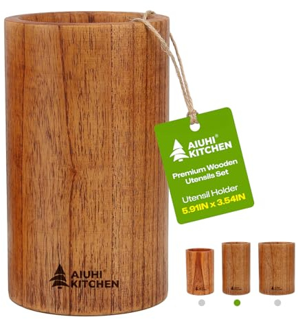 AIUHI Wood Utensil Holder for Kitchen Counter, Wooden Utensil Crock, Kitchen Utensil Organizer, 5.9x 3.5 Large Spatula and Spoon Holders