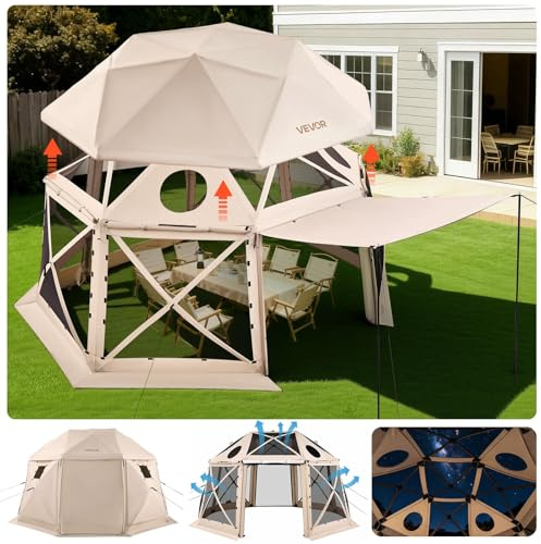 VEVOR Tendone Pieghevole Gazebo da Giardino a 13 Lati da 4,57 x 4,57 m con Parte Superiore Rimovibile e Borsa per il Trasporto, Montaggio Rapido, Riparo dal Sole per 12-15 Persone, Beige