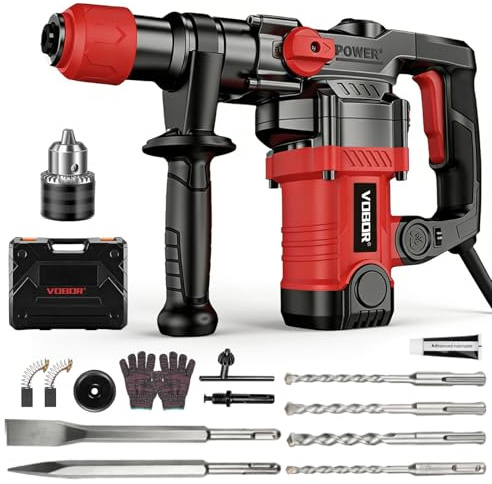VOBOR 4 in1 Bohrhammer Kit 1300 W, 6 Joule, 32 mm Bohrleistung in Beton, SDS-Plus, Anti-Vibrationsgriff, 6 Geschwindigkeiten 0-920U/Min, 4000bpm Schlagzahl, inkl. Koffer, Spitzmeißel, Flachmeißel