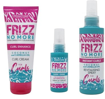 Frizz No More Curl Enhancing Bundle - Curl Enhance Curl Cream 100ml, Sleek & Shine Miracle Serum 50ml, Instant Curls Revitalising Spray 150ml