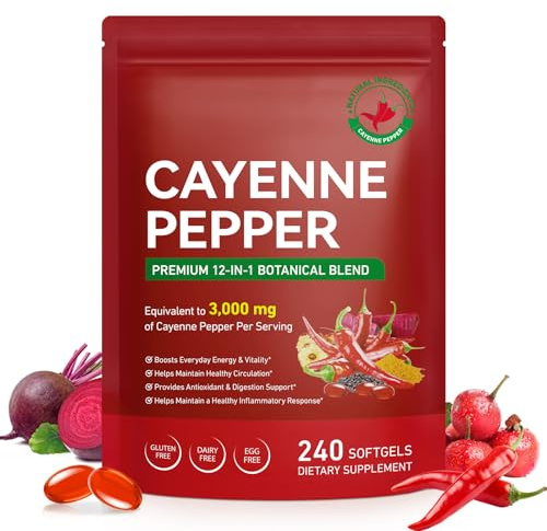 Cayenne Pfeffer Komplex – 3000mg Tagesdosis – 12-in-1 Formel mit Vitamin D3, K2 & E – 240 Softgel-Kapseln – Mit Kurkuma, Weißdorn & Rote Bete – Hochwertiger Pflanzenextrakt-Komplex