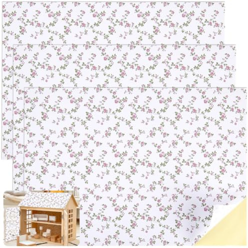 craspire 3 Stück Miniatur Puppenhaus Tapete Mit Rosenmuster Viktorianisches Blumenmuster Abziehbar Und Aufklebbar Mini DIY Selbstklebe Puppenhauszubehör 12.7x8.3 Zoll Für Wandaufkleber Zur