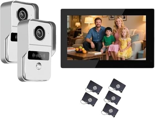 Kit Interphone Vidéo WiFi 2 Fils – Caméra Sonnette 1080p avec Écran Tactile 7, Vision Nocturne, Déverrouillage 3-en-1 pour Maison (2 Blanc Sonnette + 1 Noire moniteurs)