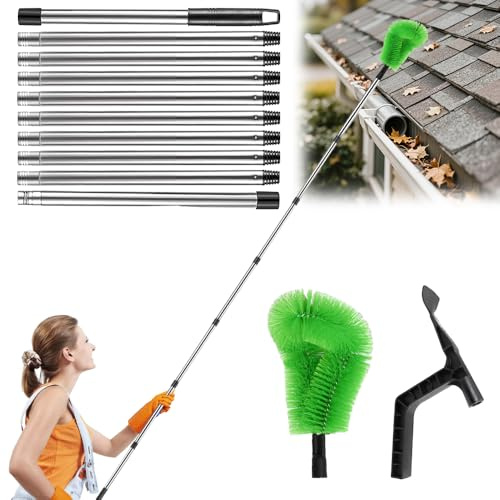 HOVCEH 2 in 1 Gutter Cleaning Tools, 12.7ft Telescopic Gutter Cleaner, Gutter Cleaning Brush with 10 Extendable Pole,Gutter Brush and Leaf Shovel, Gutter Cleaner for Cleaning Leaves and Debris Window