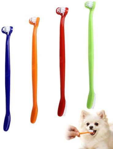 QEQSHQO Pack de 4 Cepillo de Dientes para Perros y Gatos con Doble Cabezal, Cepillo para Mascotas Multiángulo (Azul, Verde, Rojo, Naranja), Evita Contaminación Cruzada