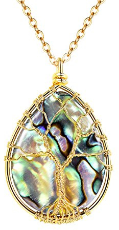 FOCALOOK Bijoux Femme Plaqué Or 18K/Or Blanc Collier Arbre de Vie Chaîne Pendentif Rond/Goutte D'eau avec Coquillage Coloré Joyau Fille Fantaisie Accessoire Religion