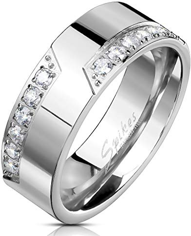 Tapsi´s Coolbodyart® Fingerring Bandring Edelstahl Silber Glänzend Poliert Fräsung 12 Stck. Zirkonia Klar Größe 69(13)